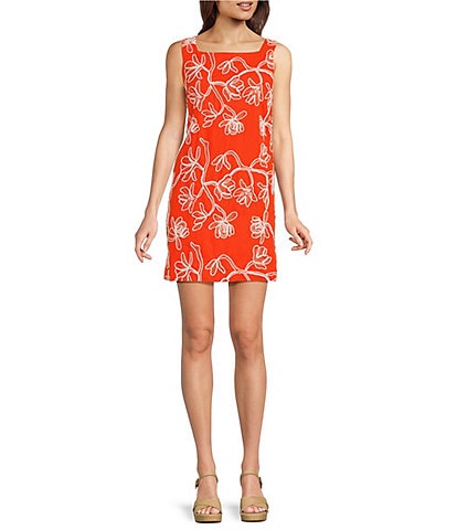 Alex Marie Lily Embroidered Linen Blend Sleeveless Square Neck Dress