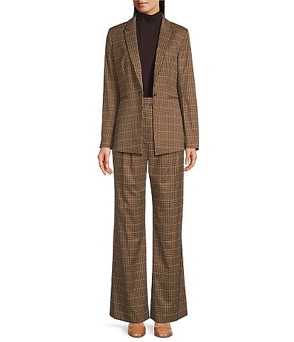 Alex Marie Liza Plaid Notch Lapel Long Sleeve Button Front Blazer & Coordinating High Rise Pleated Full Length Pants