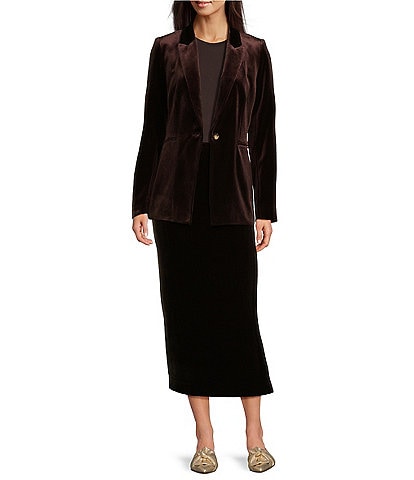 Alex Marie Liza Stretch Velvet Notch Lapel Long Sleeve Button Front Blazer & Coordinating Velvet High Rise Sheath Pencil Skirt