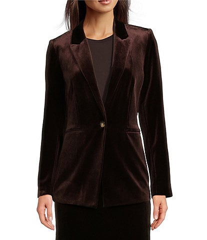 Alex Marie Liza Stretch Velvet Notch Lapel Long Sleeve Button Front Coordinating Blazer