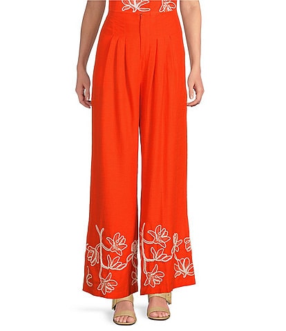 Alex Marie Lola Embroidered Linen Blend Wide Leg Flat Front Coordinating Pants
