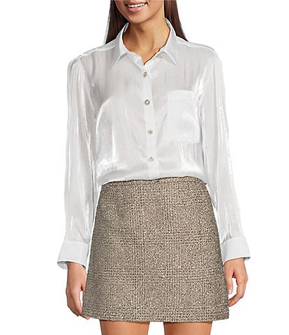 Alex Marie Mackenzie Woven Glossy Metallic Satin Point Collar Long Sleeve Button Front Shirt