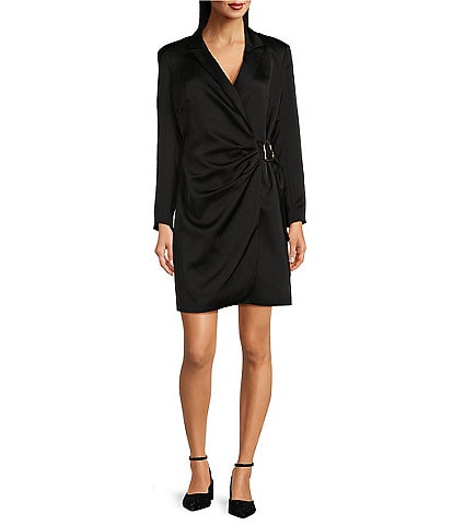 Alex Marie Magnolia Satin Notch Lapel Collar V-Neck Long Sleeve Side Hardware Loop Wrap Blazer Mini Dress