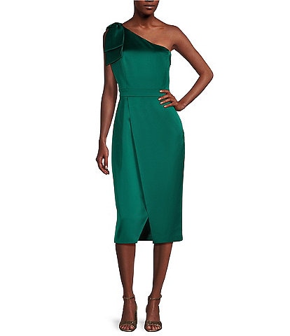 Alex Marie Molly Satin Asymmetrical One Bow Shoulder Sleeveless Faux Wrap Split Hem Sheath Midi Dress