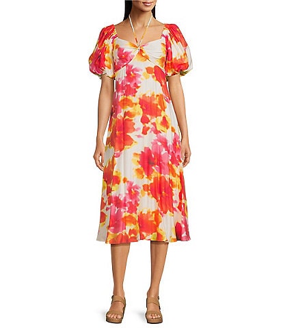 Alex Marie Monroe Floral Short Puff Sleeve Sweetheart Halter Tie Neck A-Line Midi Dress