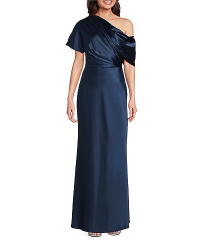 Alex Marie Petite Size Nancy Satin One Shoulder Short Sleeve Maxi Gown