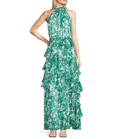 Alex Marie Nina Floral Chiffon Halter Neck Sleeveless Tiered A-Line Dress