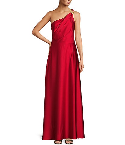 Alex Marie Petite Camila Stretch Satin Asymmetrical One Shoulder Metal Loop Strap A-Line Maxi Dress