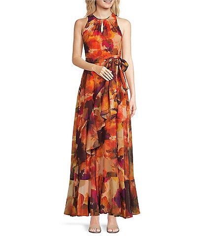Alex Marie Petite Size Floral Print Colette Sleeveless Keyhole Neck Tiered Ruffled Maxi Dress