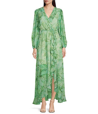 Alex Marie Petite Size Hallie Palm Print Surplice V-Neck Chiffon Long Sleeve Maxi Dress