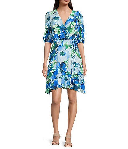 Alex Marie Petite Size Joelle Floral V-Neck Short Sleeve Tie Waist A-Line Dress