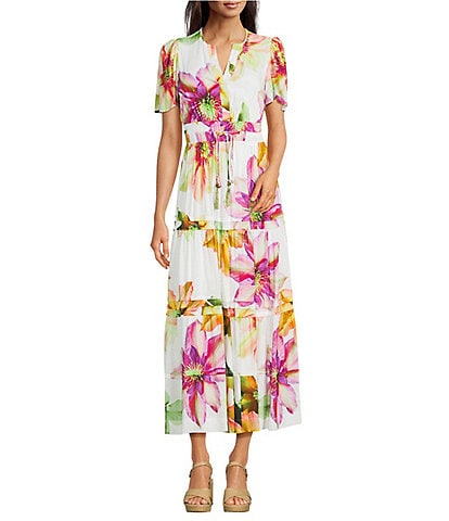Alex Marie Petite Size Maura Floral Short Sleeve A Line Notch Collar Maxi Dress