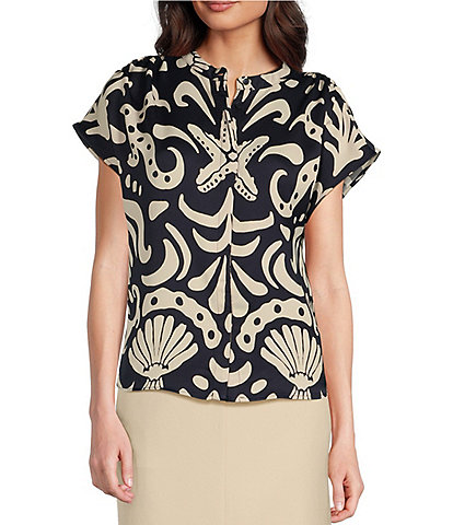 Alex Marie Pia Button Front Shell Print Short Sleeve Blouse