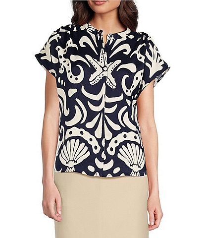 Alex Marie Pia Button Front Shell Print Short Sleeve Blouse