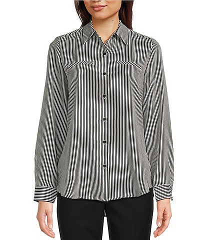 Alex Marie Piper Crepe de Chine Striped Print Point Collar Long Sleeve Button Front Blouse