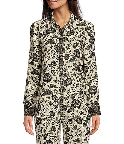 Alex Marie Piper Satin Crepe Black Floral Print Point Collar Long Sleeve Button Front Coordinating Top