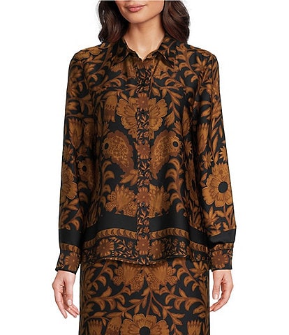 Alex Marie Piper Satin Crepe Brown Floral Print Point Collar Long Sleeve Button Front Coordinating Top