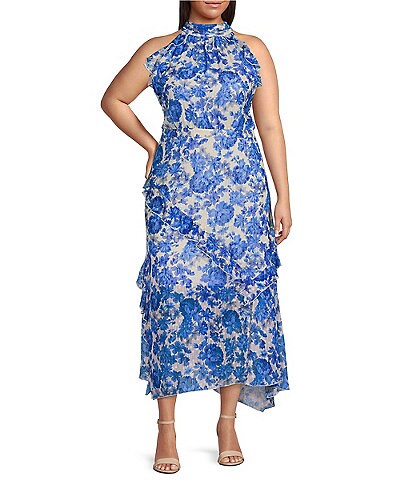 Alex Marie Plus Size Fiona Floral Print Halter Neck Sleeveless Asymmetric Hem Dress