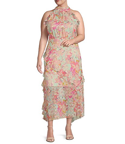 Alex Marie Plus Size Fiona Multi Floral Print Halter Neck Sleeveless Asymmetric Hem Dress