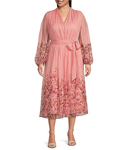 Alex Marie Plus Size Hayden Floral Print V-Neck Long Sleeve Tie Waist Midi Dress