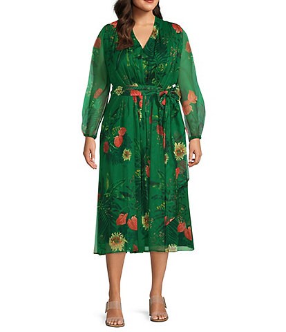 Alex Marie Plus Size Hayden Floral Print Long Blouson Sleeve Pleated Tie Waist Midi Dress