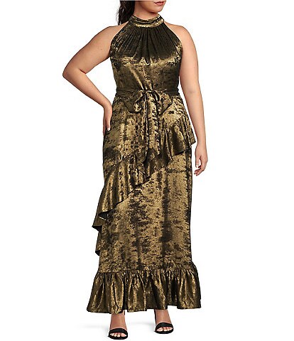 Alex Marie Plus Size Tiffany Halter Neck Cascading Ruffle Metallic Gown