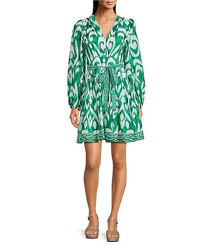 Alex Marie Renata V-Neck Long Sleeve Tie Waist Above Cotton Knee Dress