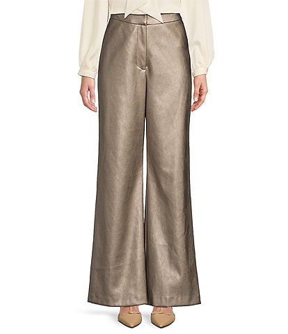 Alex Marie Robyn Faux Suede Coated Metallic High Rise Flat Front Wide Straight Leg Pants