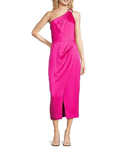 Alex Marie Shirley Satin Asymmetric One Side Sleeveless Sheath Wrap Midi Dress