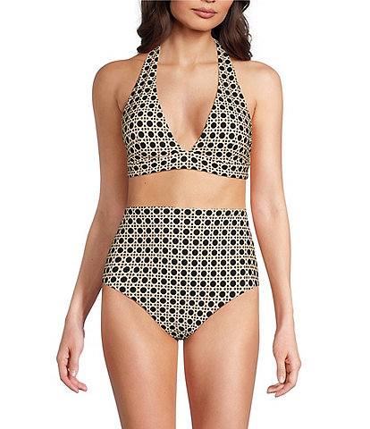 Alex Marie Signature Sculpt Geo Lattice Banded Triangle Halter Bralette Swim Top & High Waist Swim Bottom