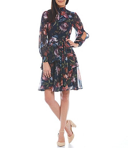 Alex Marie Floral Print Rosalia Split Long Sleeve Turtleneck Layered Hem Dress