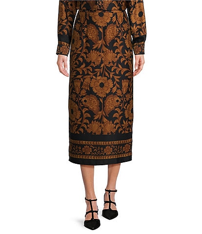 Alex Marie Tallulah Satin Crepe Brown Floral Print High Rise Pencil Midi Coordinating Skirt