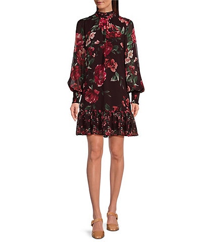 Alex Marie Tinsley Chiffon Floral Print Mock Neck Long Sleeve Ruffled Mini Shift Dress