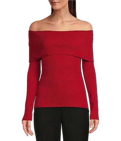 Alex Marie Whitney Ribbed Knit Folded Off-the-Shoulder Long Sleeve Sweater