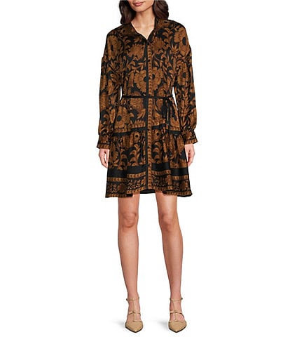 Alex Marie Wren Satin Crepe Brown Floral Banded Collar Long Sleeve Tie Waist A-Line Button Front Dress