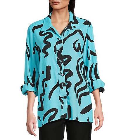 Ali Mile Doodle Line Print Linen Blend Point Collar 3/4 Sleeve Button Front Tunic