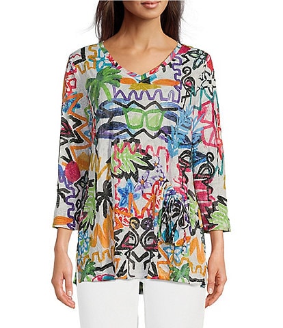Ali Miles Abstract Doodle Art Print Crinkle Knit V-Neck 3/4 Sleeve Pop Over Tunic