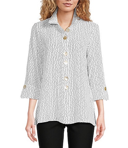 Ali Miles Abstract Dot Print Woven Wire Collar 3/4 Sleeve Button-Front Tunic