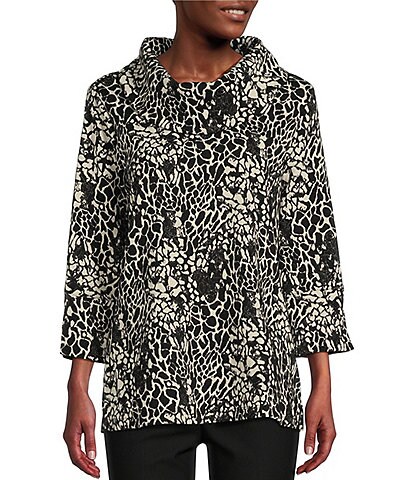 Ali Miles Abstract Jacquard Knit Cowl Neck 3/4 Sleeve Tunic
