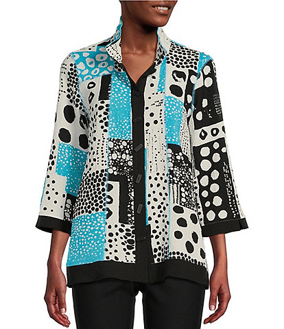 Ali Miles Abstract Patchwork Print Wire Collar 3/4 Sleeve Button-Front Tunic