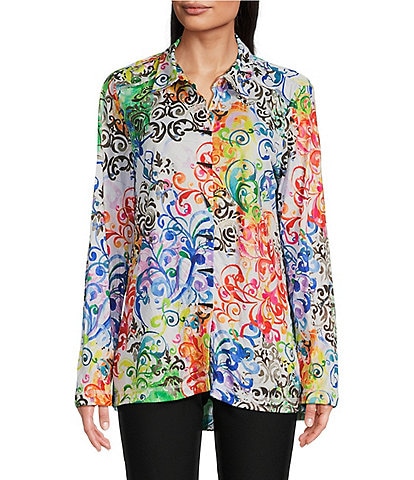 Ali Miles Abstract Print Point Collar 3/4 Roll Sleeve Button Front Tunic