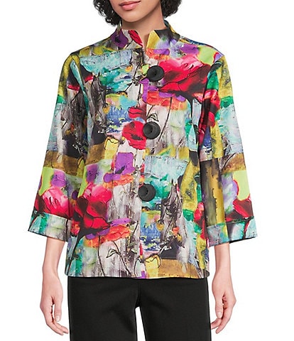 Ali Miles Abstract Print Stand Collar 3/4 Sleeve Button Front Jacket