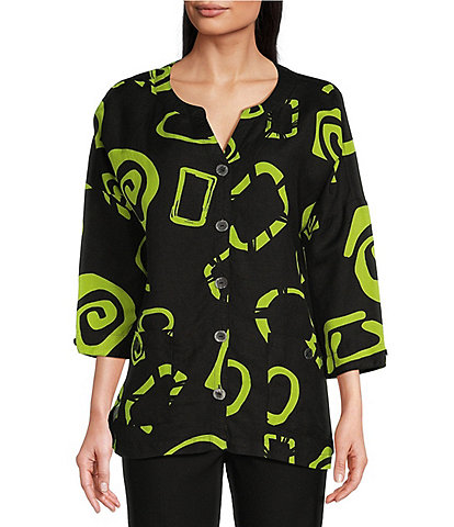 Ali Miles Abstract Print Y-Collar 3/4 Sleeve Button Front Tunic