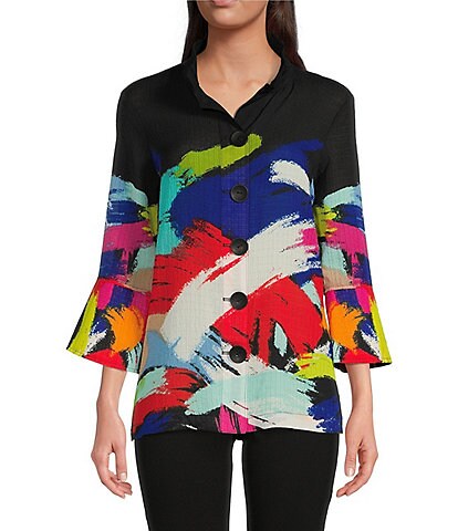 Ali Miles Abstract Print Wire Collar 3/4 Bell Sleeve Jacket