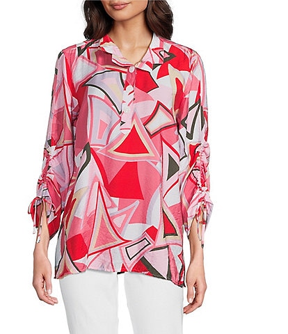 Ali Miles Abstract Print Wire Collar 3/4 Cinch Tie Sleeve Tunic