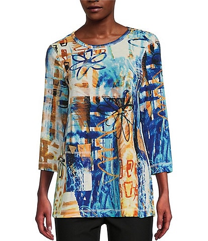Ali Miles Abstract Print Woven Scoop Neck 3/4 Sleeve Pop Over Tunic