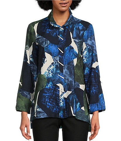 Ali Miles Abstract Printed Woven Point Collar Long Sleeve High-Low Hem Tunic