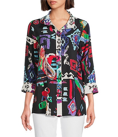 Ali Miles Abstract Printed Woven Wire Collar 3/4 Sleeve Button Front Tunic