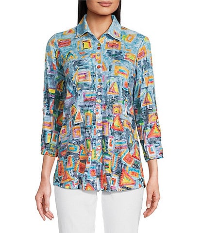 Ali Miles Abstract Shapes Print Point Collar 3/4 Roll-Tab Sleeve Button-Front Tunic