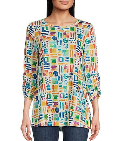 Ali Miles Abstract Tile Print Knit Round Neck 3/4 Sleeve Tunic